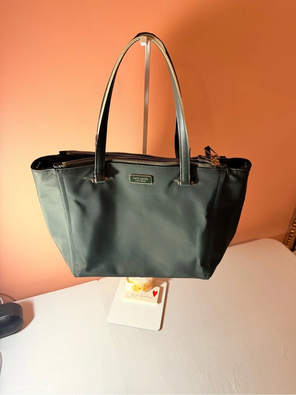 kate spade dark green tote with gold hardware